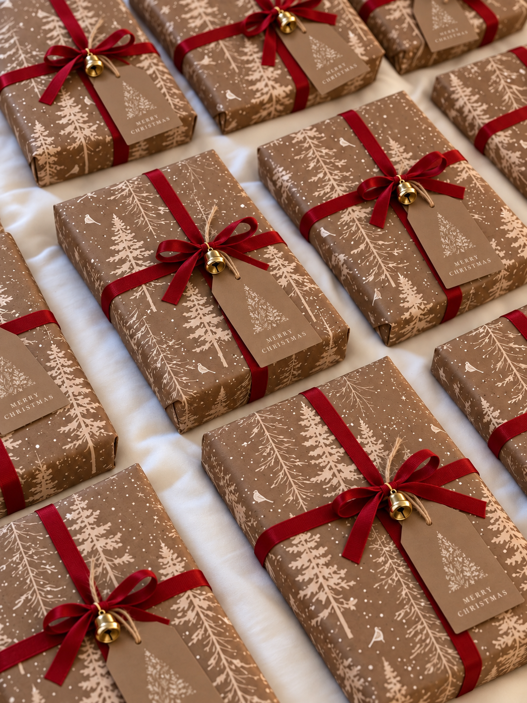 Seven Christmas parcels wrapped in brown paper with red ribbon, gift tags and gold bells